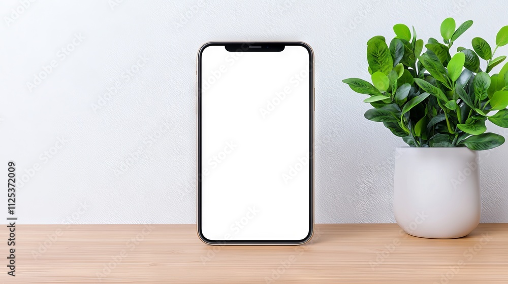 Poster an isometric mockup of a mobile phone on a white table, featuring a blank chat or messenger interfac