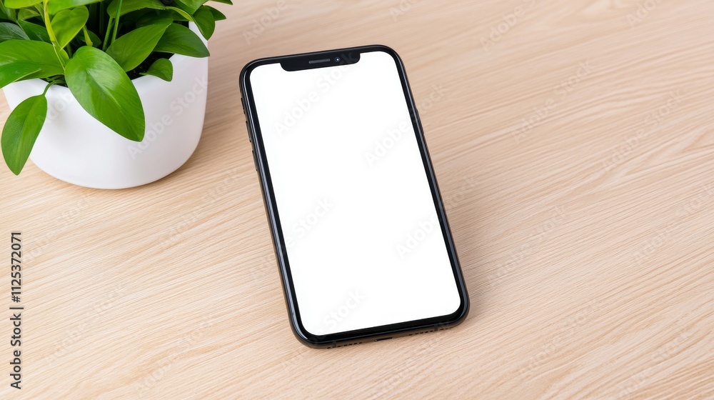 Poster a mobile phone mockup in isometric view, placed on a white table with a blank chat or messenger inte