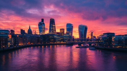 Naklejka premium Stunning sunset over London skyline with vibrant colors reflecting on the River Thames