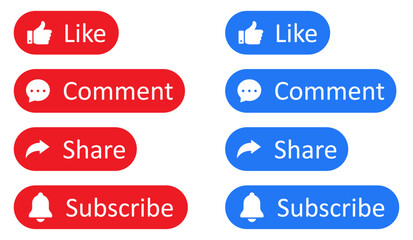 Like, Share, subscribe and comment icons buttons set with blue and red color. Like button, thumb up, comment, repost and share icon buttons. Social media icon set in flat style. Vector illustration.