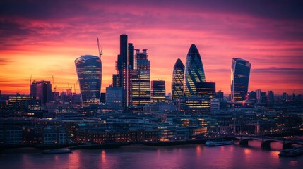 Naklejka premium Vibrant London Skyline at Sunset with Stunning Colors and Modern Architecture
