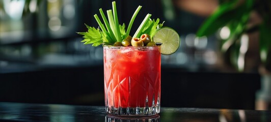 Refreshing Bloody Mary Cocktail garnished with celery, olives, and lime