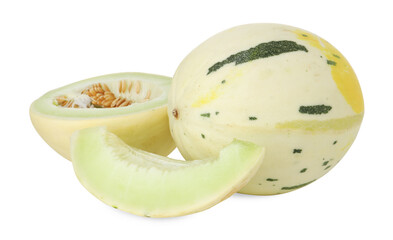 Whole and cut fresh ripe melons isolated on white