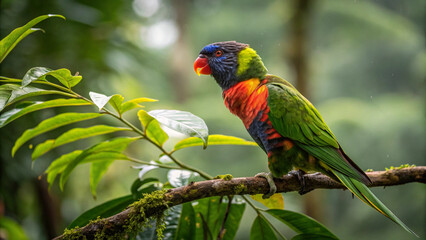 Vibrant Rainbow Lorikeet Perched on a Branch in Lush Tropical Foliage