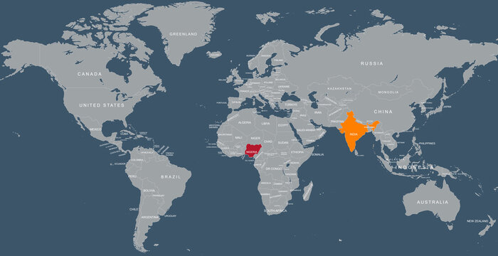 A detailed world map with India and nigeria prominently highlighted in different colors. This image emphasizes geographic locations, geopolitical focus, and international boundaries