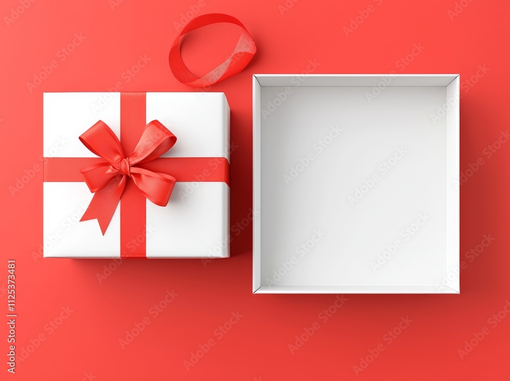 Poster a blank white gift box, open or viewed from the top, with a red ribbon bow, isolated on a dark red b