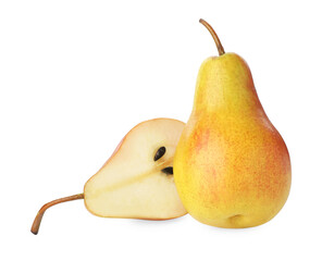 Whole and cut ripe pears isolated on white