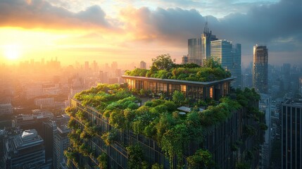 Obraz premium A bird's-eye view of a lush rooftop garden highlighting sustainable urban development in the city.