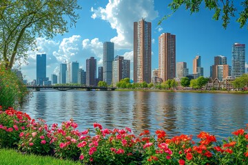 A green park in a cozy city near the river and port of Rotterdam, featuring a skyline with a bridge in the background.