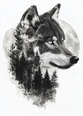 Double Exposure of Wolf Portrait and Forest Trees Under Moonlight