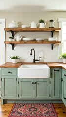 A charming farmhouse kitchen with open wooden shelves stocked with white ceramic dishes and glass jars