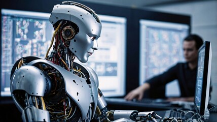 Fototapeta premium The robot has a metallic yet human-like appearance with glowing blue accents robot, cyborg