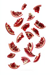 Falling identical pomegranate slices floating in the air isolated on white background