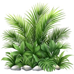 Lush Tropical Plant Collection Featuring Various Green Leafy Plants Surrounded by Smooth Light-Colored Stones for Natural Decoration or Design Use