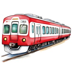 Naklejka premium Bright Red Train Illustration with Distinctive Design on Tracks Surrounded by Soft Colors and Subtle Details, Perfect for Travel and Transport Themes