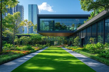 Modern office towers with lush green lawns in the backdrop of a bustling commercial center.