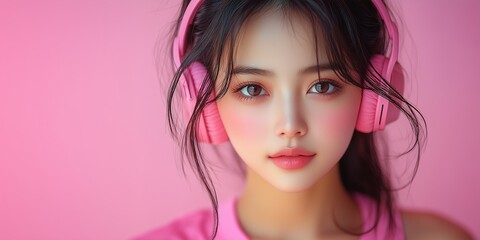 Fototapeta premium Cute girl wearing headphones with a happy expression