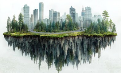 Fototapeta premium A city island with towering urban skyscrapers and lush greenery.