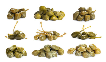 Tasty pickled caper flower buds and berries isolated on white, set