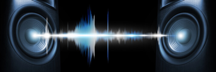 Sound waves between loudspeakers on black background, banner design