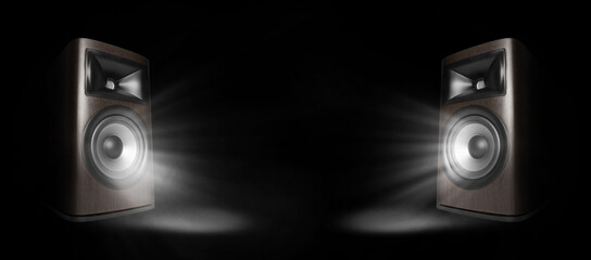 Light rays coming out of sound speakers on black background, banner design
