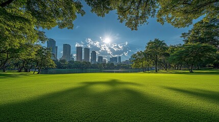 Naklejka premium A stunning scene of the city park features a vibrant green lawn and a cloudy blue sky.