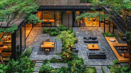 An urban oasis built with sustainable resources, complete with green spaces and modern seating arrangements.