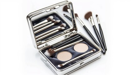 A makeup compact with two shades and brushes for beauty applications.