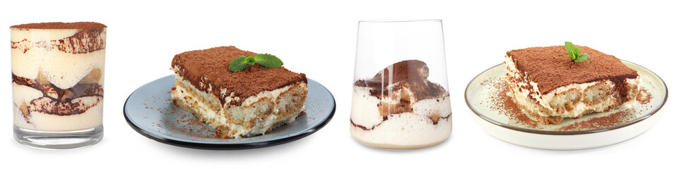 Yummy tiramisu desserts on white background, set