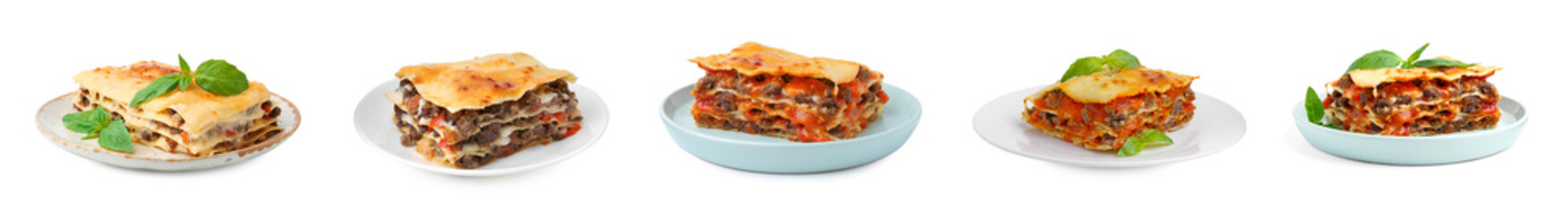 Pieces of delicious lasagna isolated on white, set