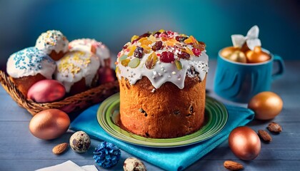 Golden-brown kulich on a rustic wooden table, decorated with white glaze and colorful sprinkles.