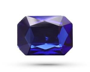 One blue shiny gemstone in air on white background