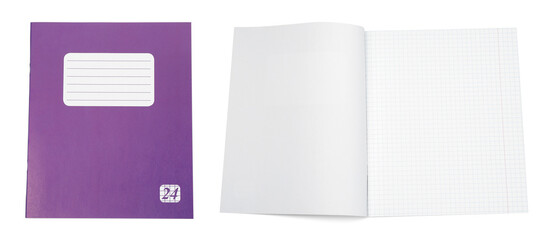 Open and closed notebook on white background. School stationery