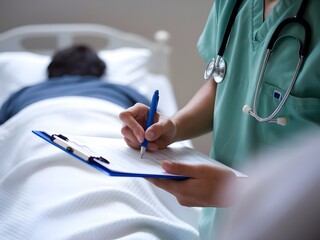 The doctor is standing over a patient who is lying on a bed, only their back and the top of their 