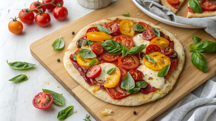Delicious Homemade Tomato and Basil Pizza on Wooden Board