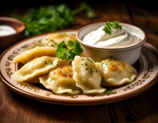 A plate of traditional Polish pierogi stuffed with potato and cheese, served with sour cream on a rustic wooden table
