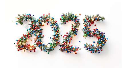 New Year&rsquo;s garland number "2025" decorated with red ornaments and snowy branches