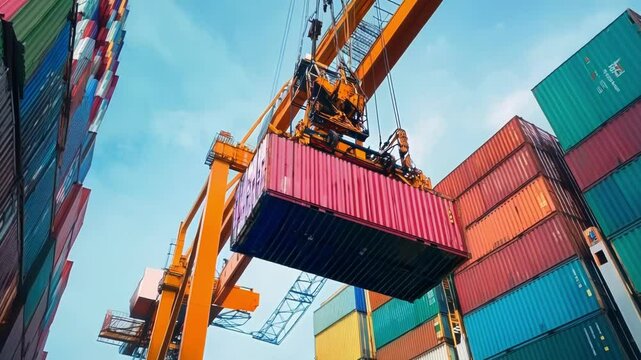 Bright yellow industrial crane is moving a red shipping container through the air at a busy shipping port. The container is surrounded by colorful stacked containers