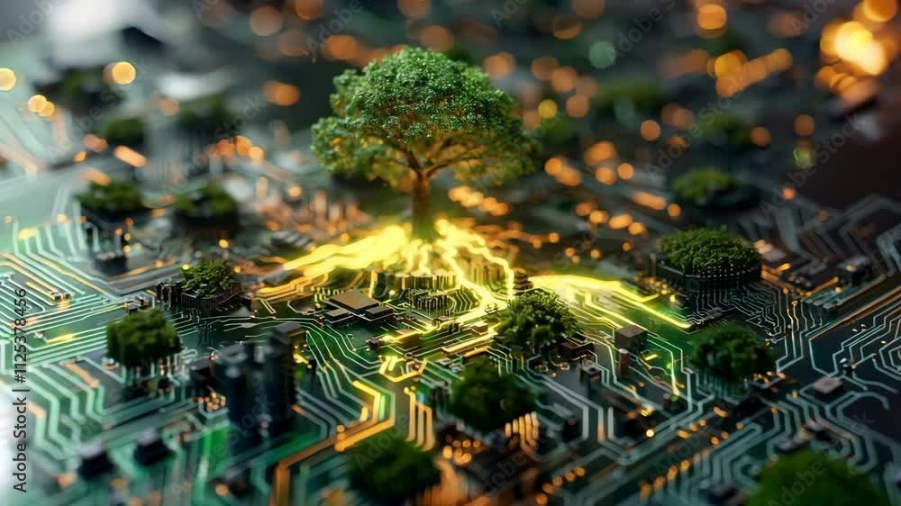 Poster a tree is growing on a computer chip. the tree is surrounded by a lot of electronic components
