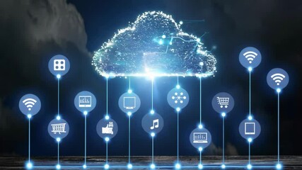 A cloud of technology is displayed with a variety of icons including a shopping cart, a tablet, and a laptop - Powered by Adobe