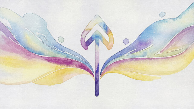 Watercolor rune background with arrow design and soft colors, abstract backdrop with copy space