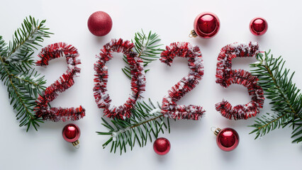 Shiny tinsel forming the number "2025" decorated with red Christmas ornaments