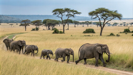 Obraz premium African Elephant Family Walking Across the Savannah