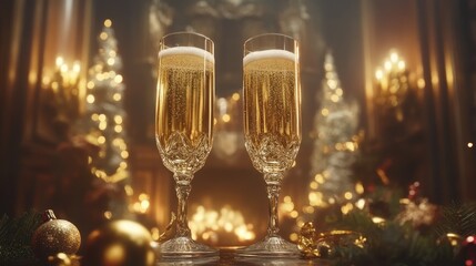 Elegant champagne glasses clinking in celebration, surrounded by Christmas decorations and a cozy atmosphere.