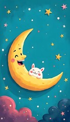 Happy Moon with Bunny Night Sky Children's Wall Art