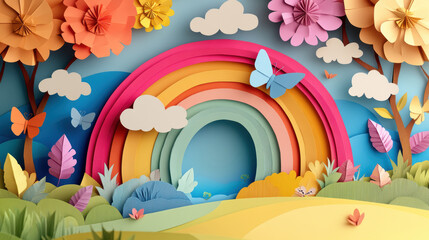 vibrant paper art rainbow with origami clouds, butterflies, and colorful trees creates whimsical and cheerful scene in lush, handcrafted landscape