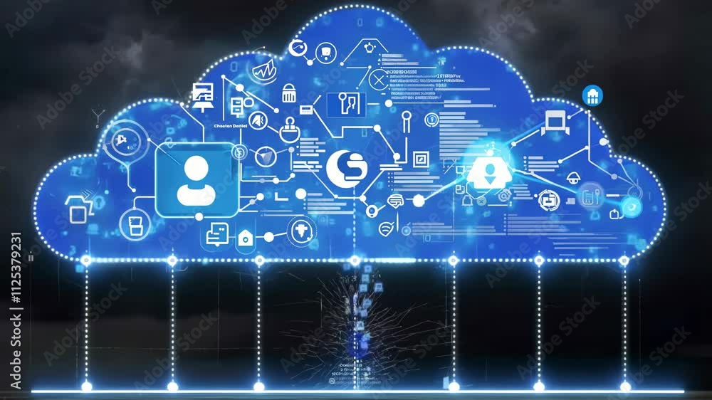Poster a cloud of technology is displayed in a dark background. the cloud is made up of many different icon