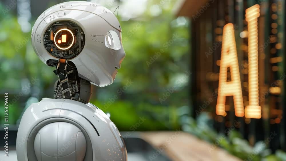 Aufkleber a robot stands in front of a sign that says ai. the robot is white and has a head and a body. the si