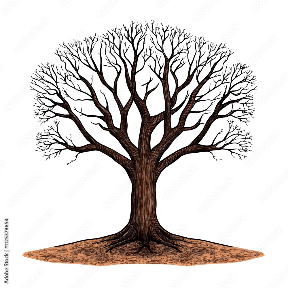 Poster detailed illustration of a leafless tree with intricate branch structure and textured ground, perfec