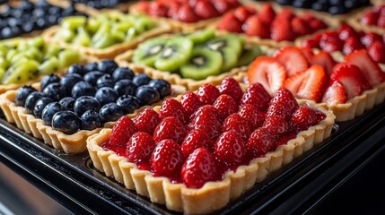 Assorted fruit tarts feature layers of strawberries, blueberries, kiwi, and blackberries, creatively arranged on a black display tray, inviting customers to indulge.